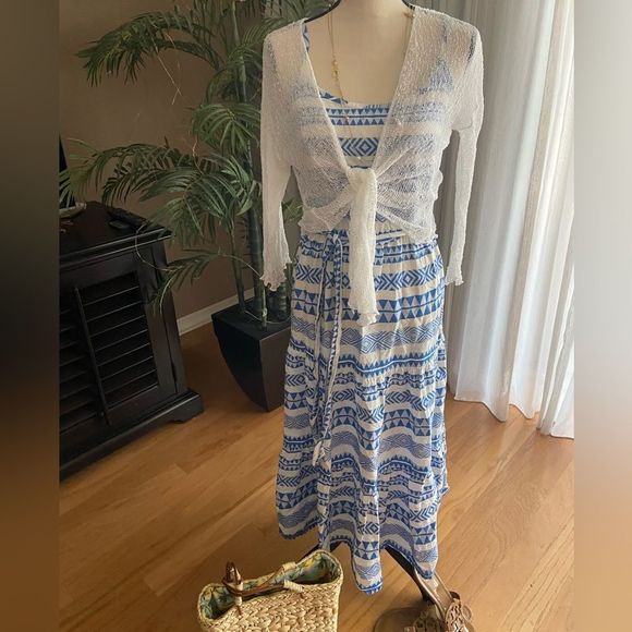 White & Grecian Blue Cami Tiered Midaxi Dress and White Shrug NWOT. - Picture 2 of 7